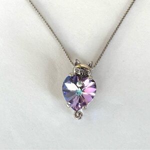 Cat Necklace Saying on back Love You Forever Silver Tone AB Heart Crystal 18”
